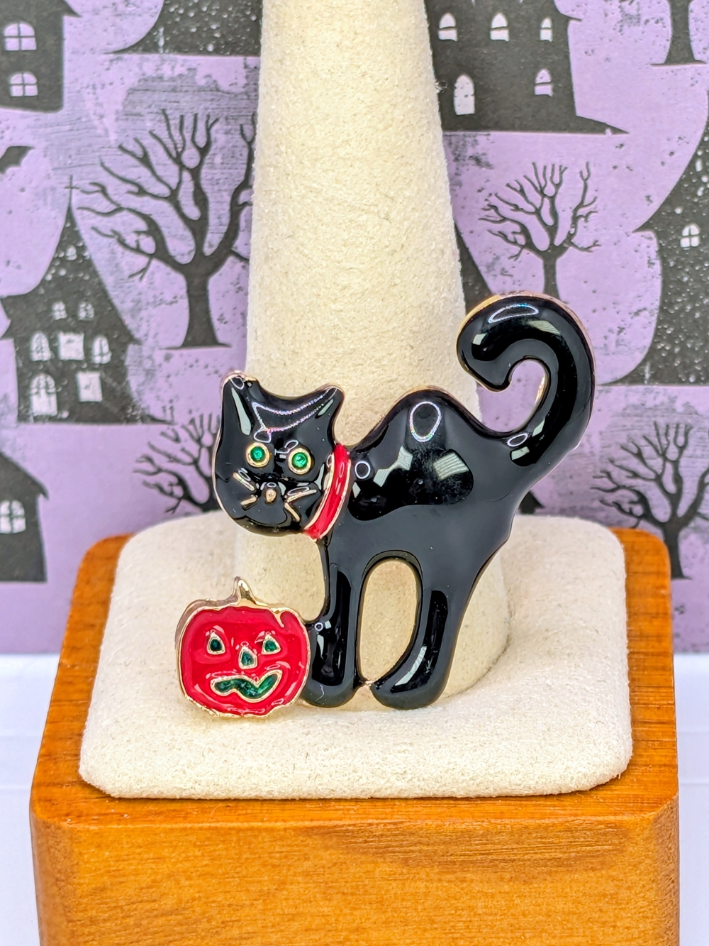 Enamel Black Cat Brooch with Orange Pumpkin Accent